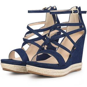 Platform Denim Strappy Wedge Heel Denim Sandals for Women, Denim Blue